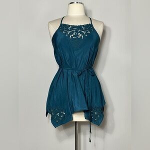 Lulumari Teal Embroidered Halter Handkerchief Hem Top – Size Small (NWT)